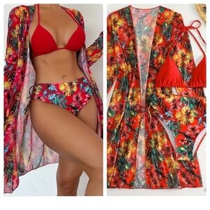 3pc Tropical Print High Waist Bikini Set with Kimono Cover Up